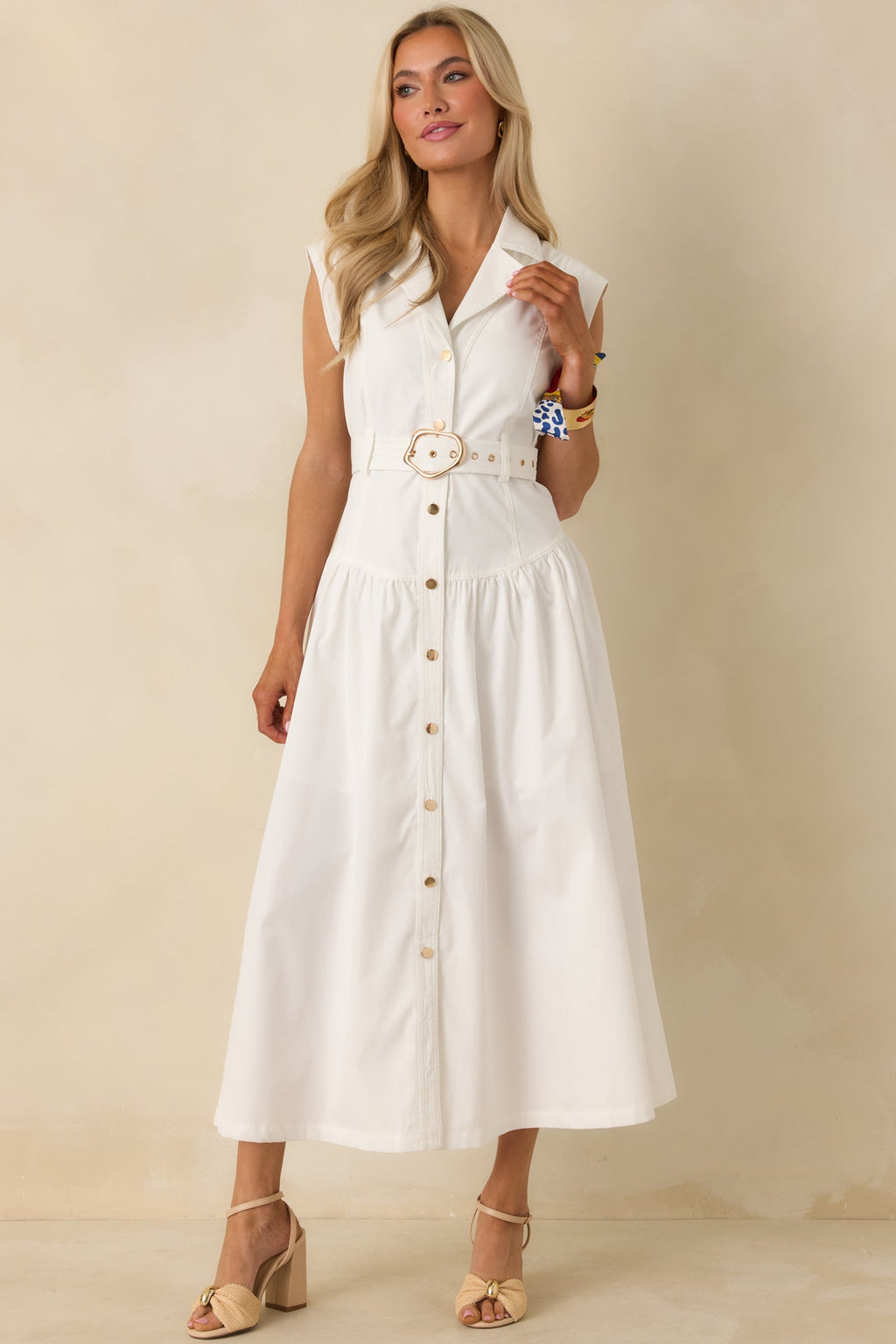 Women's Just Right Moments White Sleeveless Belted Maxi Shirt Dress | 60% Cotton & 40% Polyester 0