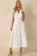 Women's Just Right Moments White Sleeveless Belted Maxi Shirt Dress | 60% Cotton & 40% Polyester 0