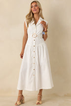Women's Just Right Moments White Sleeveless Belted Maxi Shirt Dress | 60% Cotton & 40% Polyester 0
