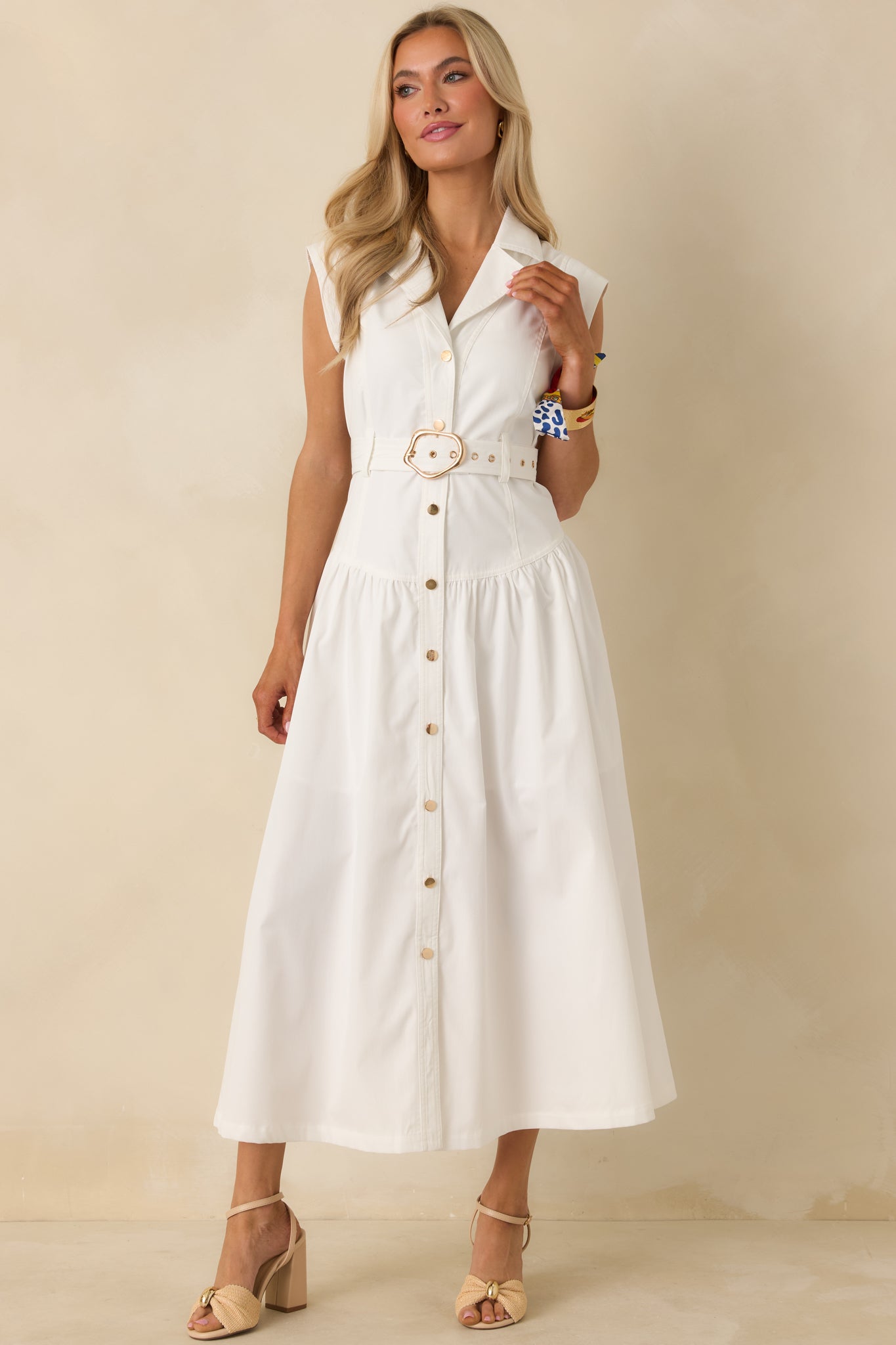 Women's Just Right Moments White Sleeveless Belted Maxi Shirt Dress | 60% Cotton & 40% Polyester 0