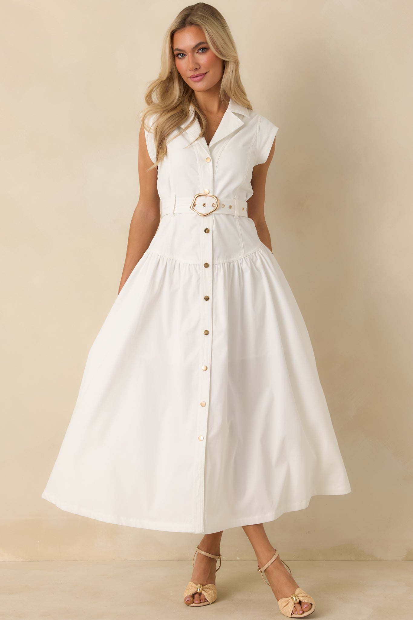Women's Just Right Moments White Sleeveless Belted Maxi Shirt Dress | 60% Cotton & 40% Polyester 2