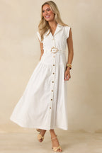 Women's Just Right Moments White Sleeveless Belted Maxi Shirt Dress | 60% Cotton & 40% Polyester 3