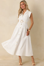 Women's Just Right Moments White Sleeveless Belted Maxi Shirt Dress | 60% Cotton & 40% Polyester 4