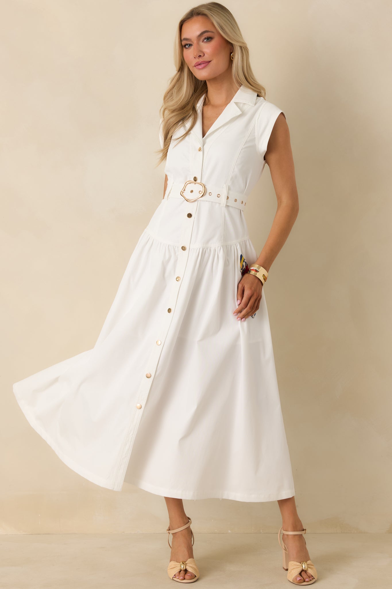 Women's Just Right Moments White Sleeveless Belted Maxi Shirt Dress | 60% Cotton & 40% Polyester 4
