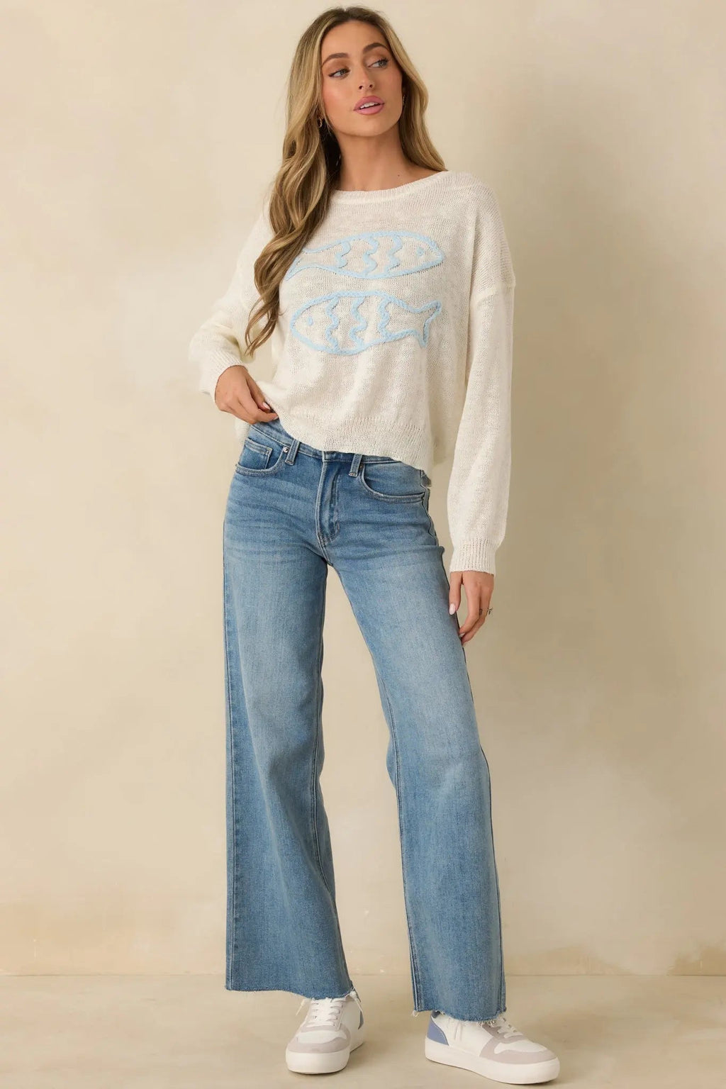 Women's Just Swimmingly Ivory Knit Fish Embroidered Sweater | 100% Acrylic 2