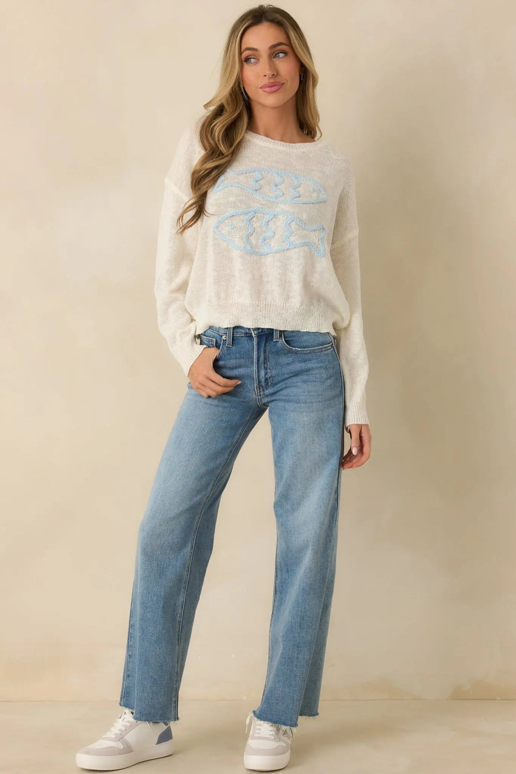 Women's Just Swimmingly Ivory Knit Fish Embroidered Sweater | 100% Acrylic 3