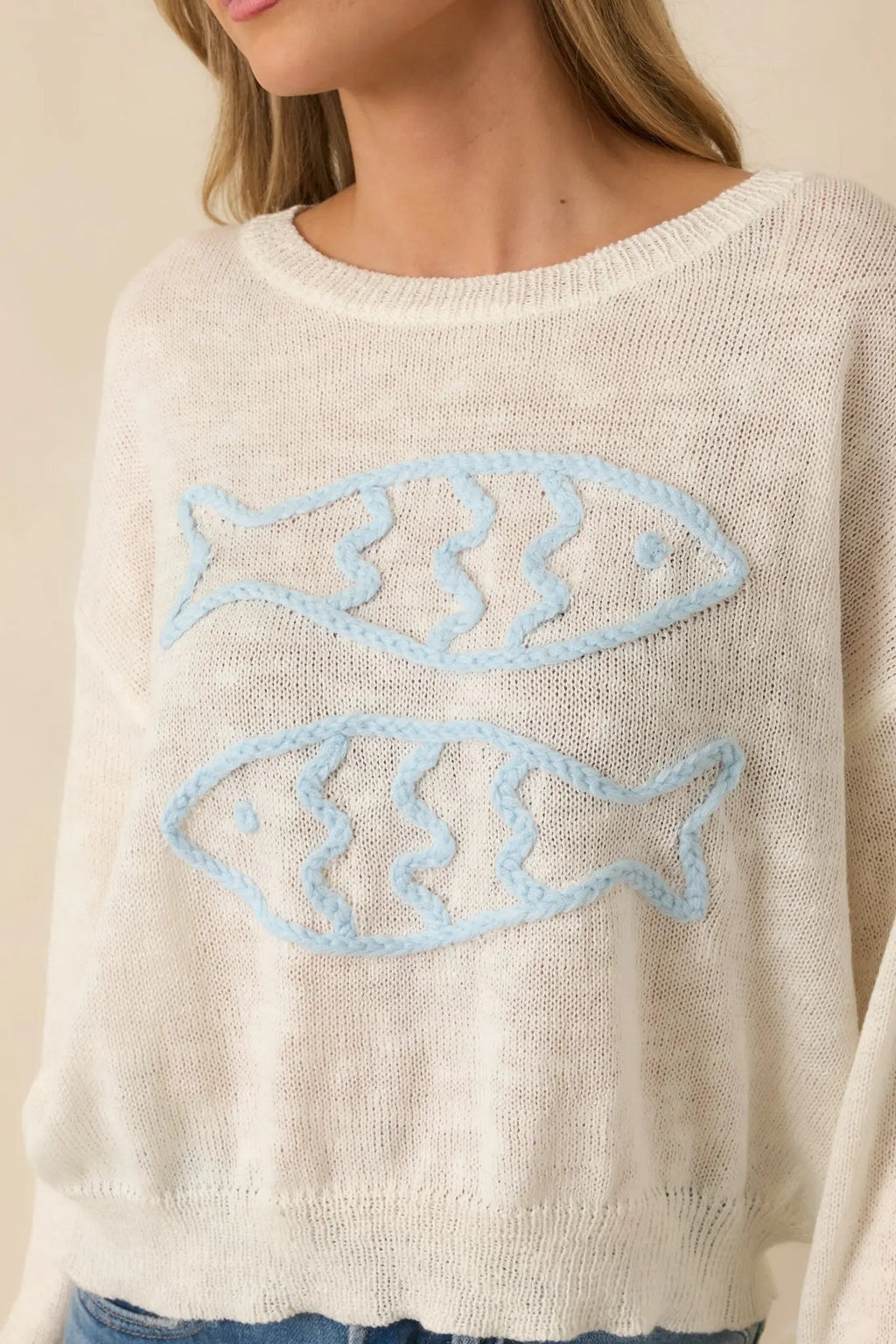 Women's Just Swimmingly Ivory Knit Fish Embroidered Sweater | 100% Acrylic 7