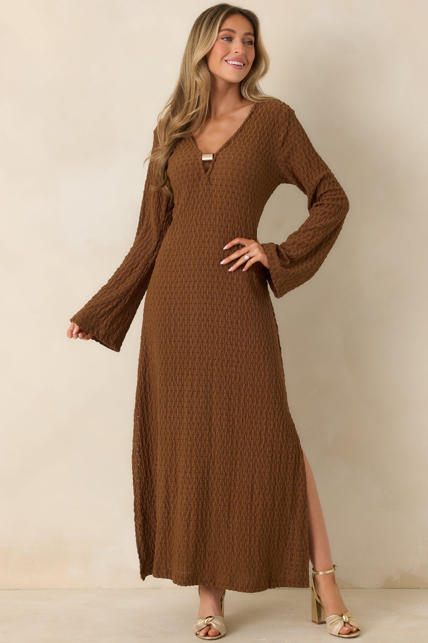 Women's Just a Hint of Glam Brown Textured Semi-Sheer Long Sleeve Maxi Dress | 95% Polyester & 5% Spandex 0