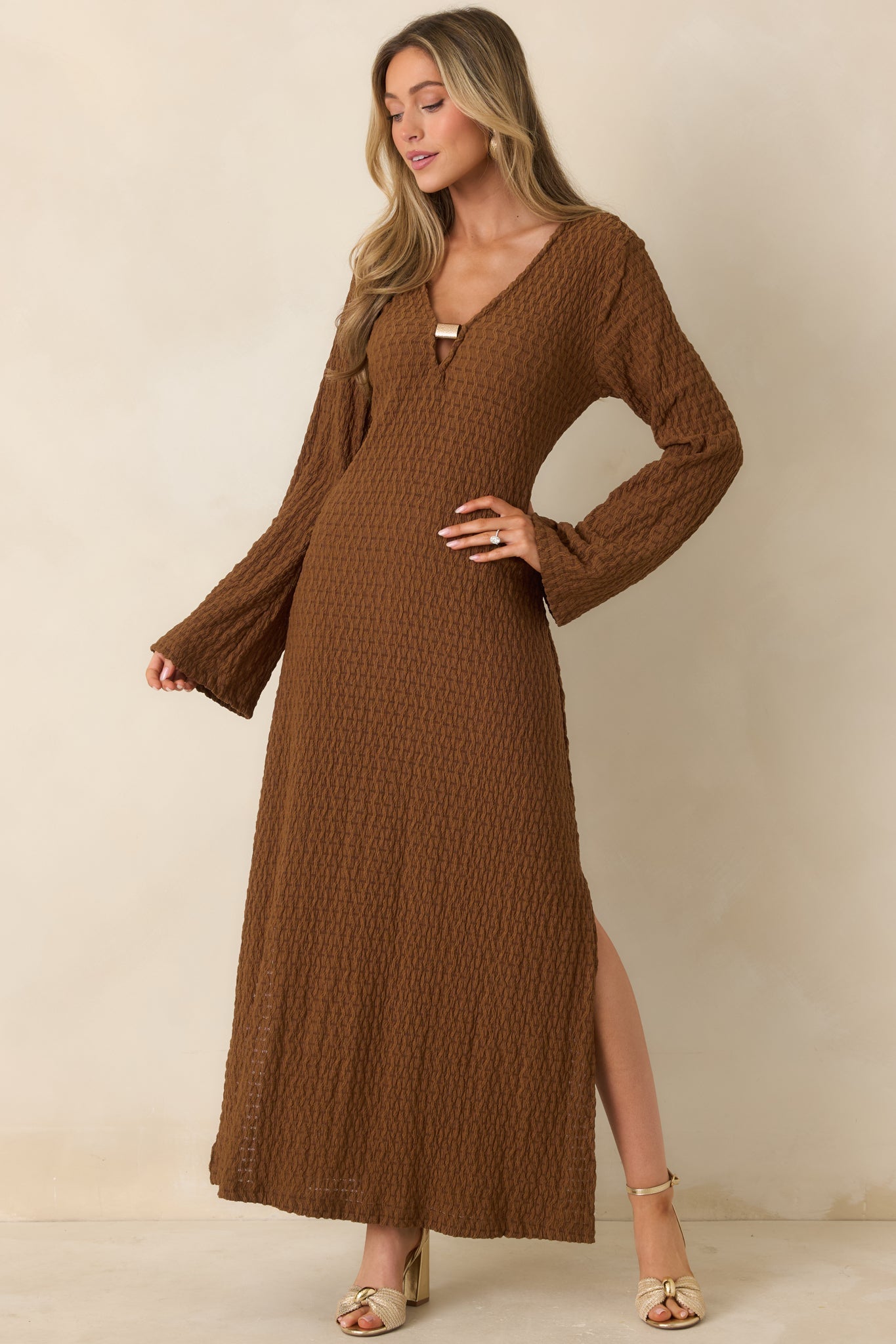 Women's Just a Hint of Glam Brown Textured Semi-Sheer Long Sleeve Maxi Dress | 95% Polyester & 5% Spandex 2