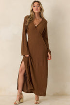 Women's Just a Hint of Glam Brown Textured Semi-Sheer Long Sleeve Maxi Dress | 95% Polyester & 5% Spandex 3