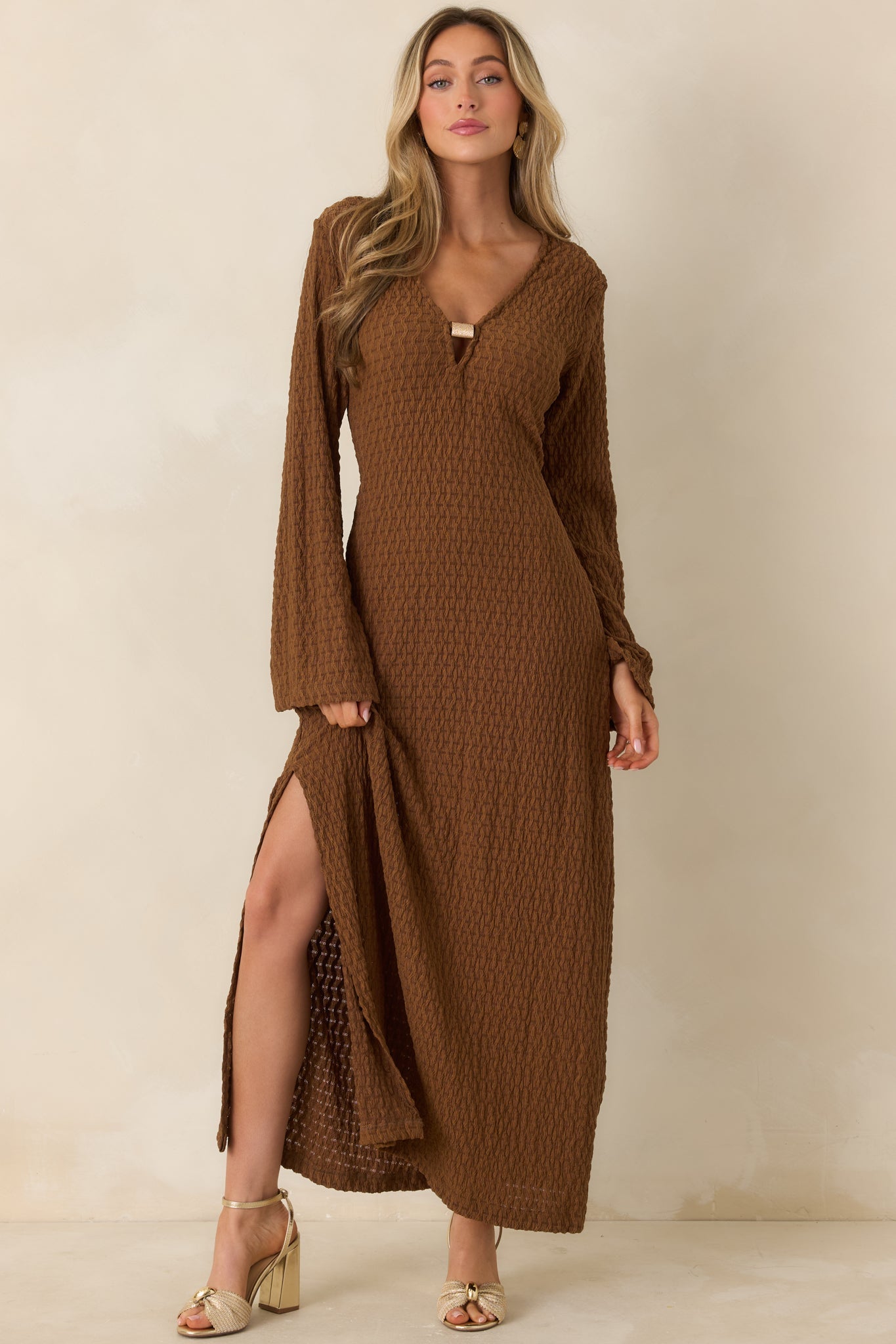 Women's Just a Hint of Glam Brown Textured Semi-Sheer Long Sleeve Maxi Dress | 95% Polyester & 5% Spandex 3