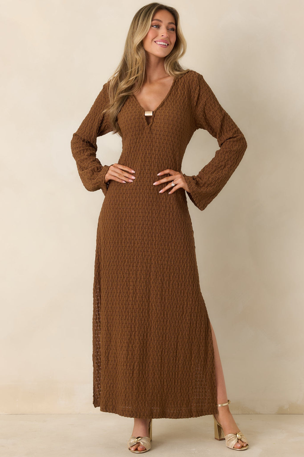 Women's Just a Hint of Glam Brown Textured Semi-Sheer Long Sleeve Maxi Dress | 95% Polyester & 5% Spandex 4
