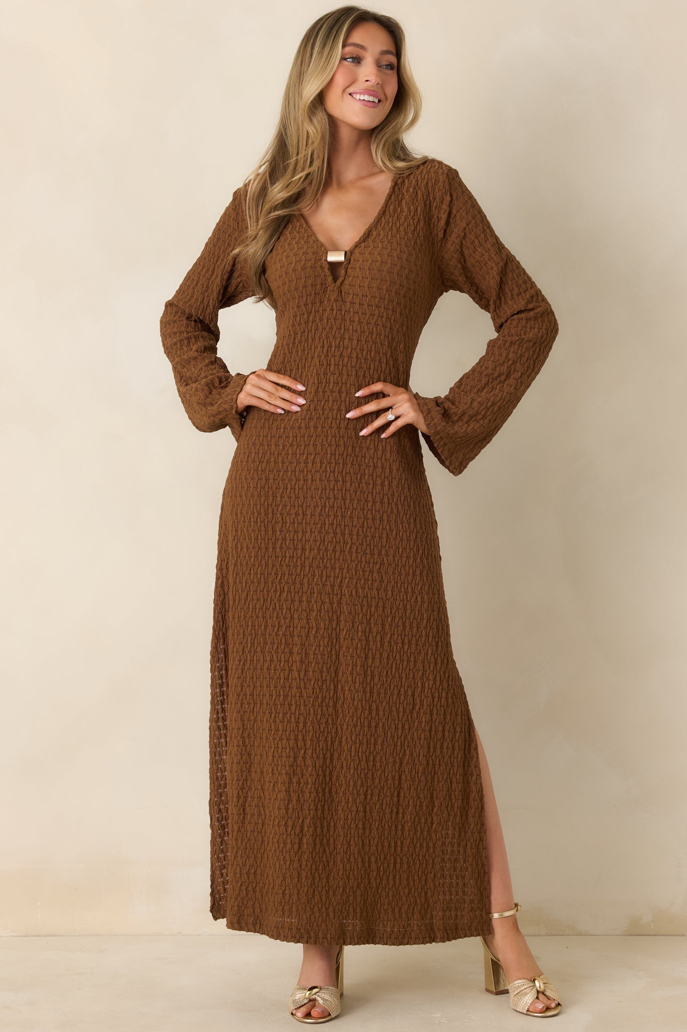 Women's Just a Hint of Glam Brown Textured Semi-Sheer Long Sleeve Maxi Dress | 95% Polyester & 5% Spandex 4