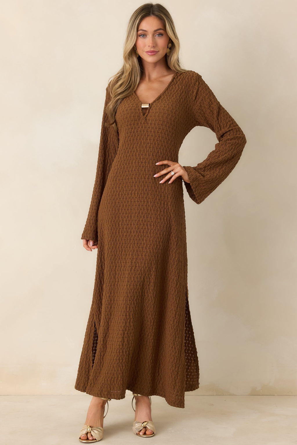 Women's Just a Hint of Glam Brown Textured Semi-Sheer Long Sleeve Maxi Dress | 95% Polyester & 5% Spandex 5