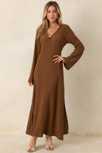 Women's Just a Hint of Glam Brown Textured Semi-Sheer Long Sleeve Maxi Dress | 95% Polyester & 5% Spandex 5
