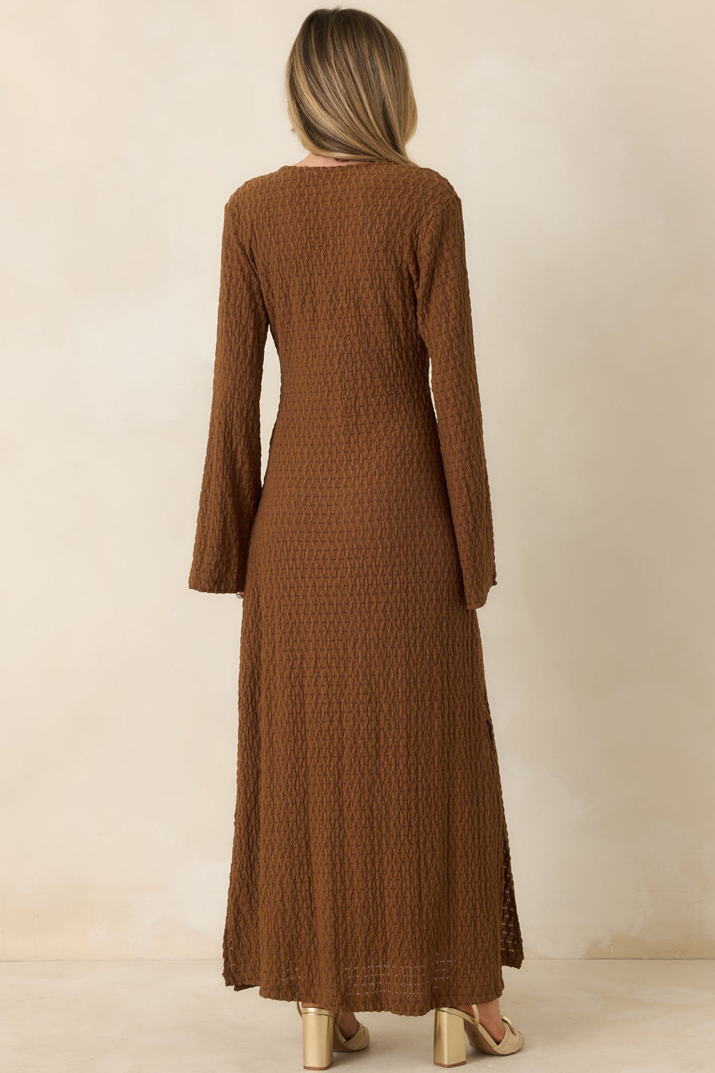 Women's Just a Hint of Glam Brown Textured Semi-Sheer Long Sleeve Maxi Dress | 95% Polyester & 5% Spandex 7
