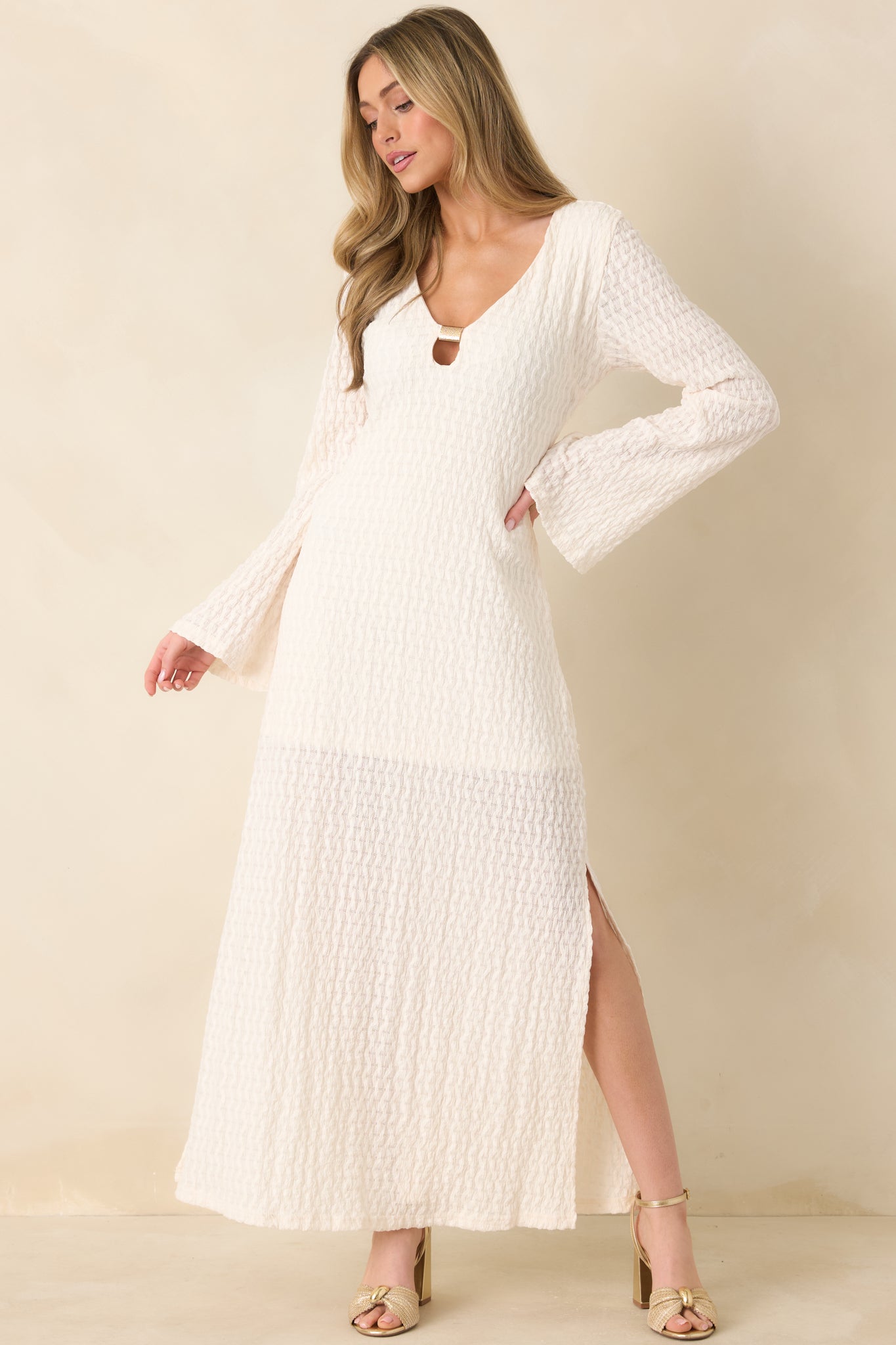 Women's Just a Hint of Glam Ivory Textured Semi-Sheer Long Sleeve Maxi Dress | 95% Polyester & 5% Spandex 0