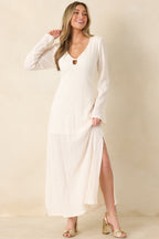 Women's Just a Hint of Glam Ivory Textured Semi-Sheer Long Sleeve Maxi Dress | 95% Polyester & 5% Spandex 4