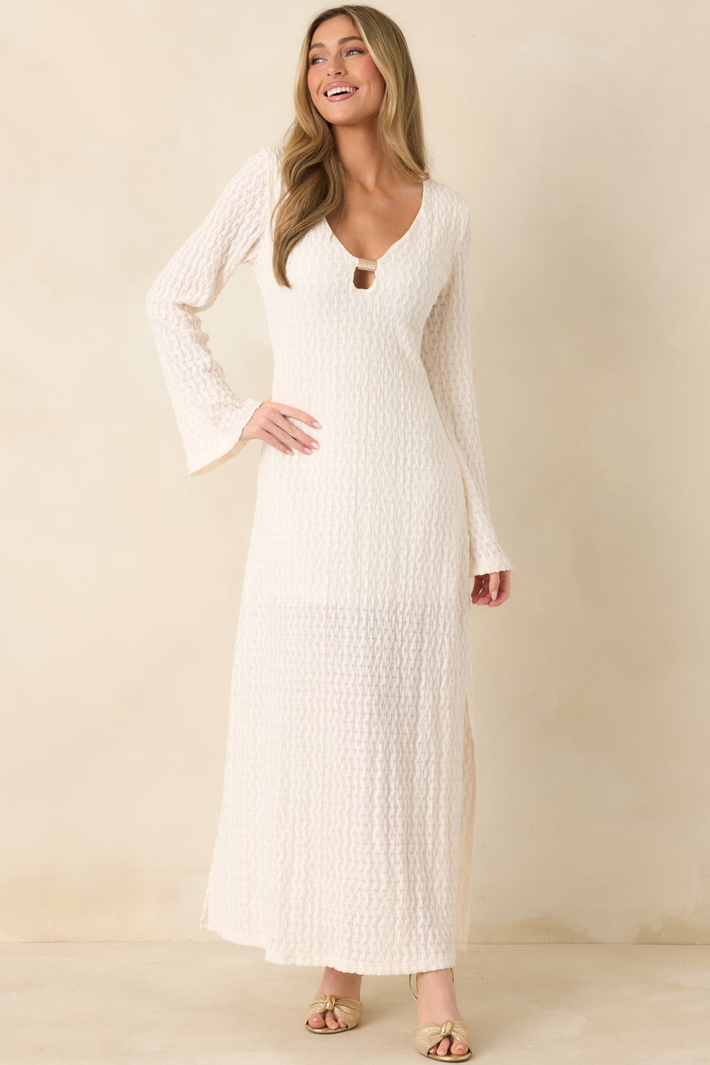 Women's Just a Hint of Glam Ivory Textured Semi-Sheer Long Sleeve Maxi Dress | 95% Polyester & 5% Spandex 5