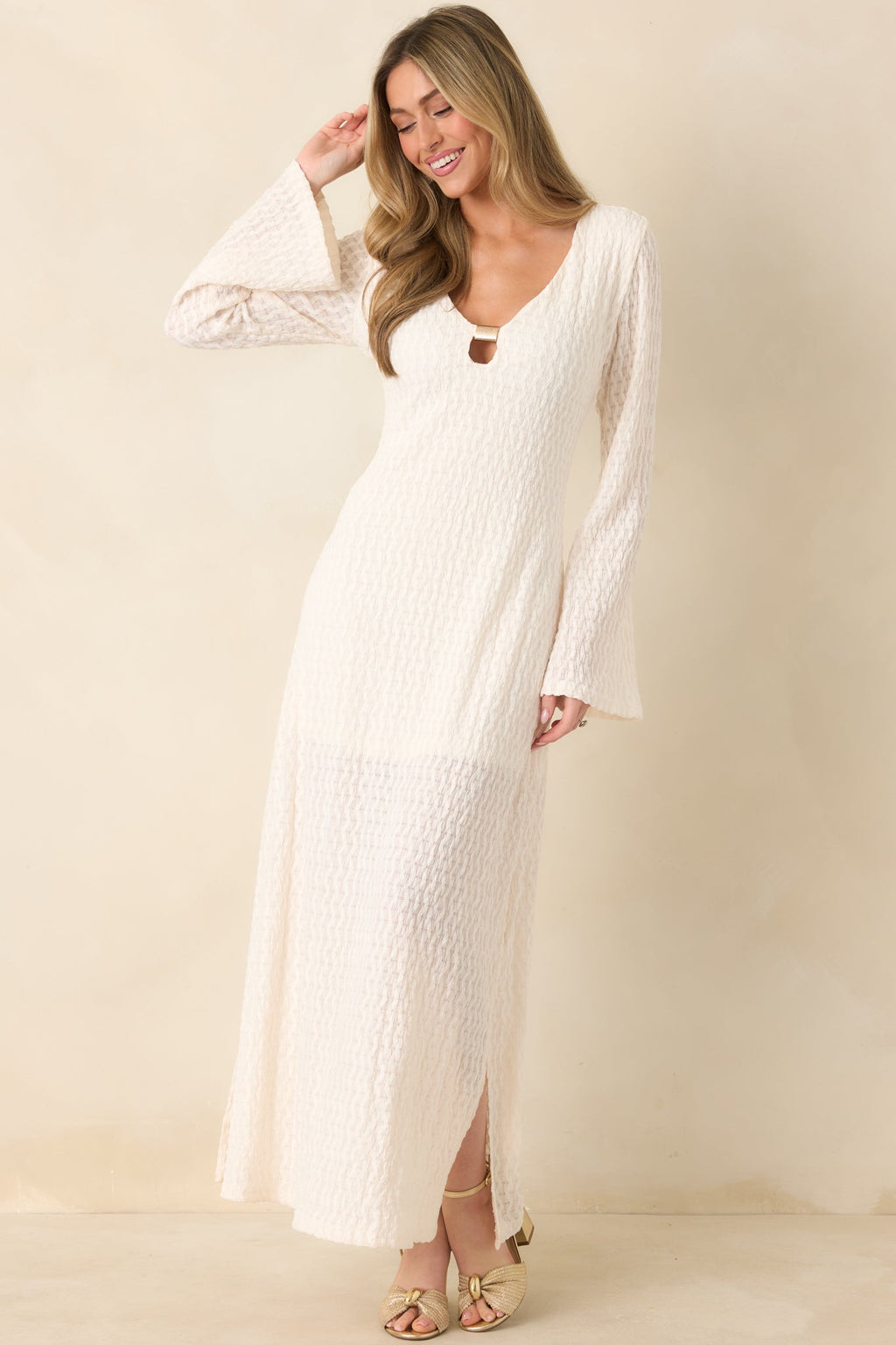 Women's Just a Hint of Glam Ivory Textured Semi-Sheer Long Sleeve Maxi Dress | 95% Polyester & 5% Spandex 6