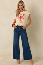 Women's Just a Pinch Ivory Multi Knit Sleeveless Lobster Sweater | 60% Cotton & 40% Acrylic 0