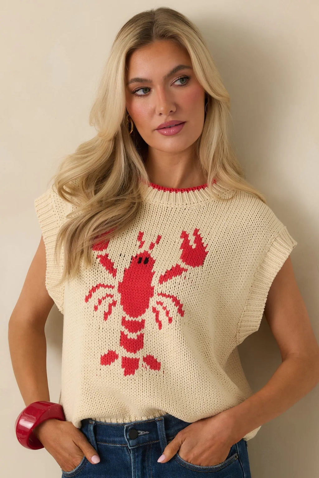 Women's Just a Pinch Ivory Multi Knit Sleeveless Lobster Sweater | 60% Cotton & 40% Acrylic 1