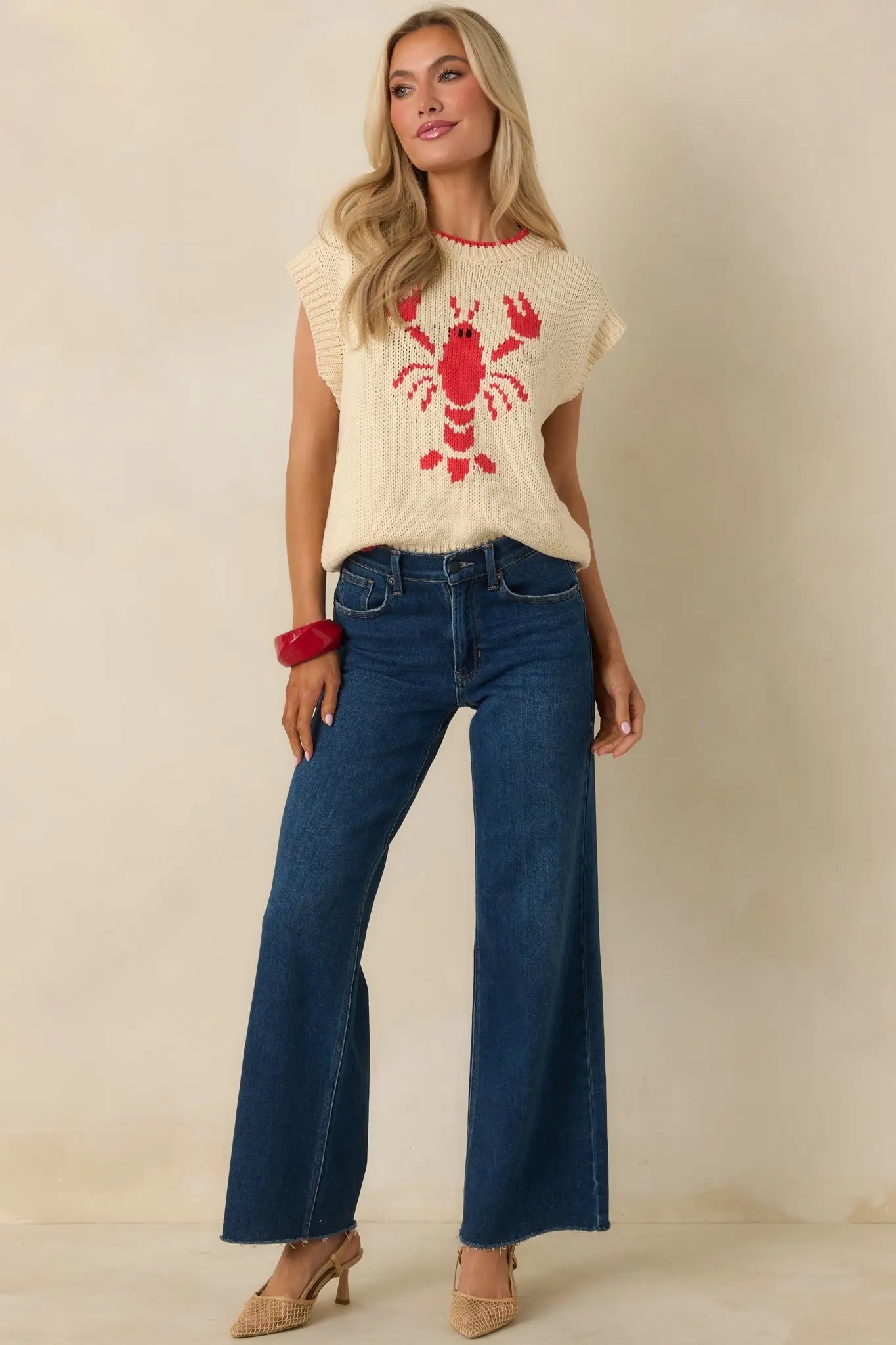 Women's Just a Pinch Ivory Multi Knit Sleeveless Lobster Sweater | 60% Cotton & 40% Acrylic 3