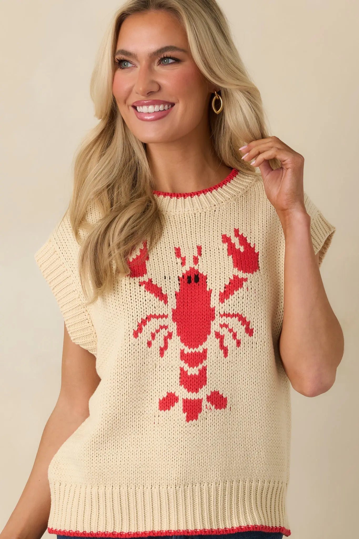 Women's Just a Pinch Ivory Multi Knit Sleeveless Lobster Sweater | 60% Cotton & 40% Acrylic 6