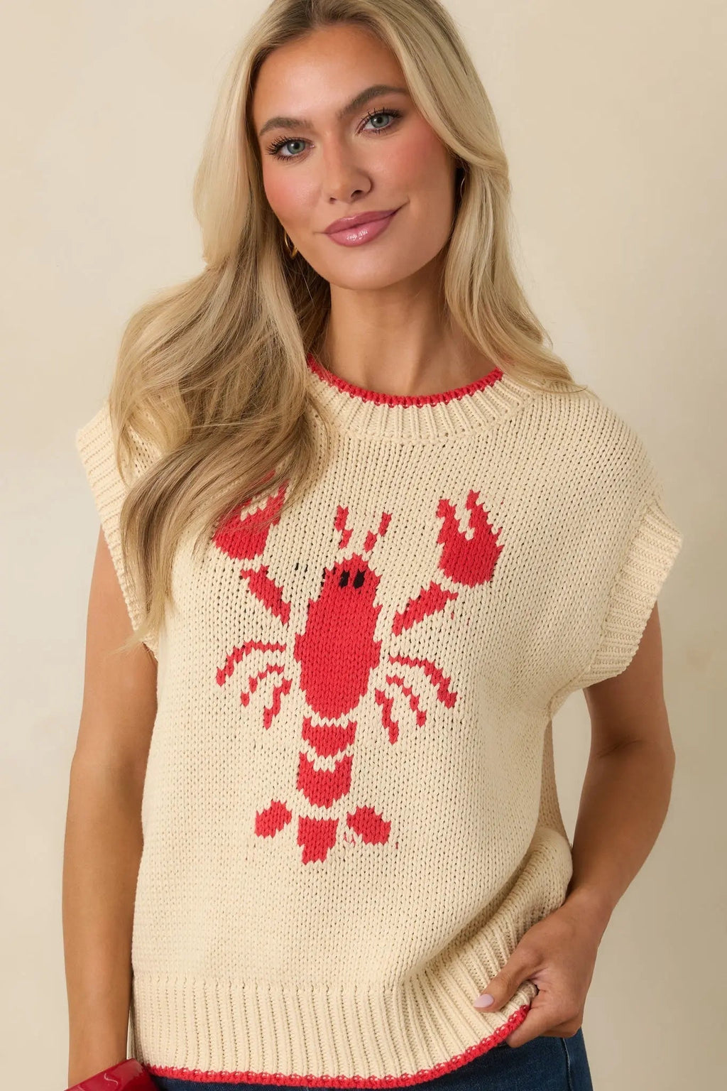 Women's Just a Pinch Ivory Multi Knit Sleeveless Lobster Sweater | 60% Cotton & 40% Acrylic 7