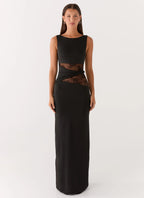 Karma Collection | Black Maxi Dress with Semi-Sheer Lace Waist | Elegant Long Dress for Glamorous Evenings - Women's 0