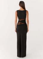 Karma Collection | Black Maxi Dress with Semi-Sheer Lace Waist | Elegant Long Dress for Glamorous Evenings - Women's 1