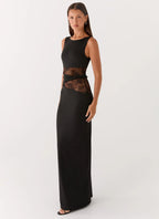 Karma Collection | Black Maxi Dress with Semi-Sheer Lace Waist | Elegant Long Dress for Glamorous Evenings - Women's 3