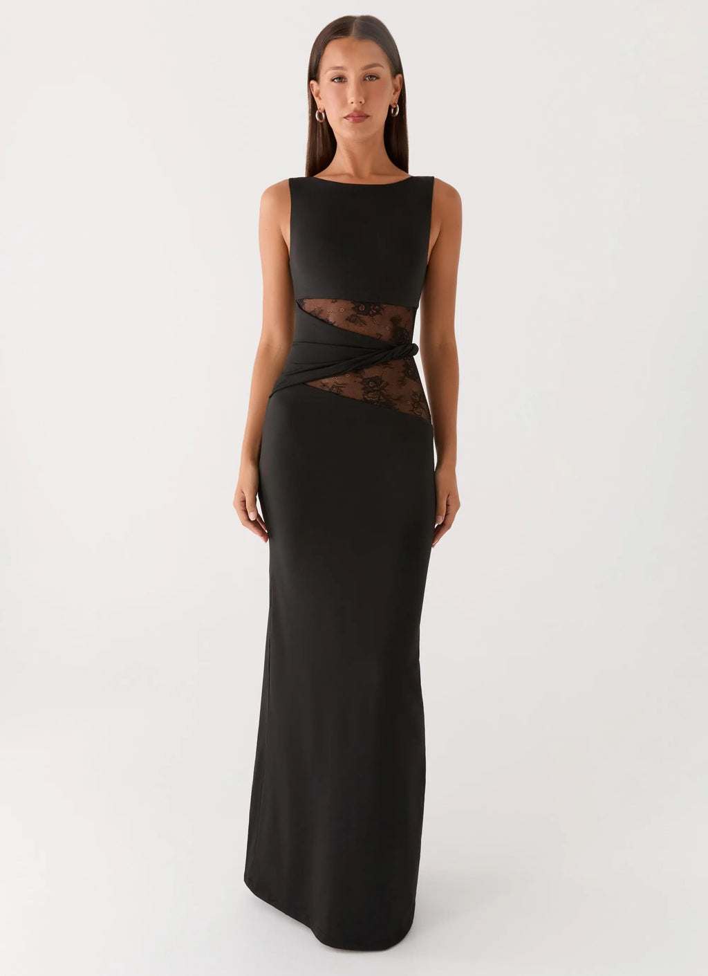 Karma Collection | Black Maxi Dress with Semi-Sheer Lace Waist | Elegant Long Dress for Glamorous Evenings - Women's 4