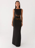 Karma Collection | Black Maxi Dress with Semi-Sheer Lace Waist | Elegant Long Dress for Glamorous Evenings - Women's 4