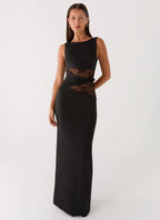 Karma Collection | Black Maxi Dress with Semi-Sheer Lace Waist | Elegant Long Dress for Glamorous Evenings - Women's 5