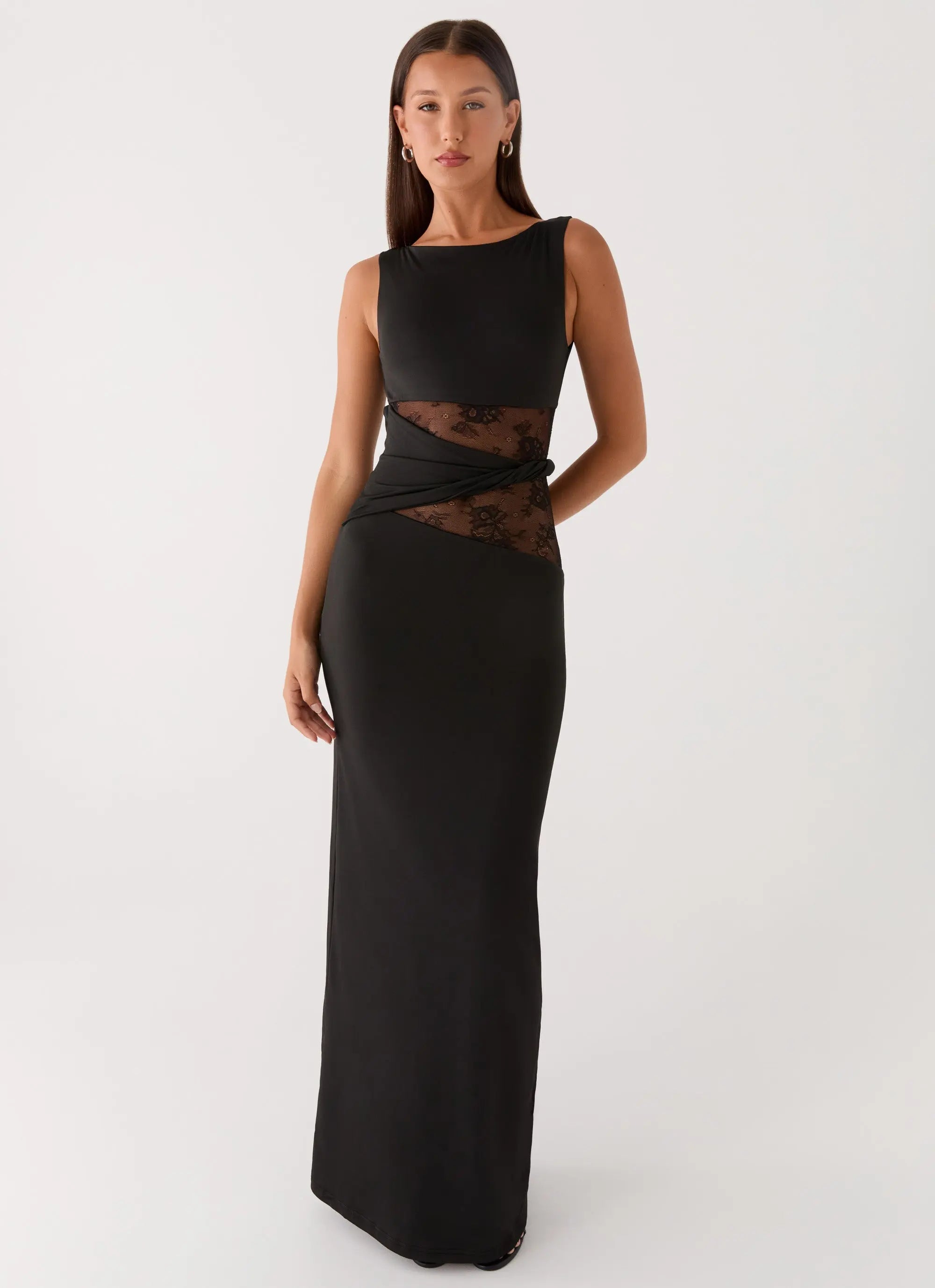 Karma Collection | Black Maxi Dress with Semi-Sheer Lace Waist | Elegant Long Dress for Glamorous Evenings - Women's 5