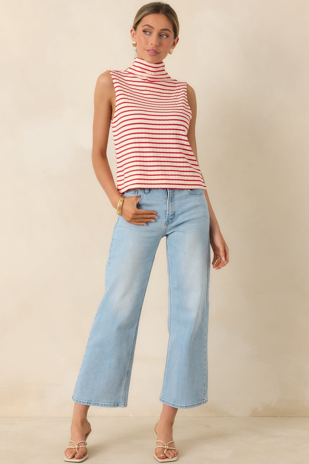 Women's Keep It In Line Red Stripe Mockneck Sleeveless Top | 95% Polyester & 5% Spandex 0