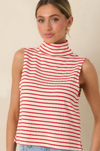 Women's Keep It In Line Red Stripe Mockneck Sleeveless Top | 95% Polyester & 5% Spandex 1