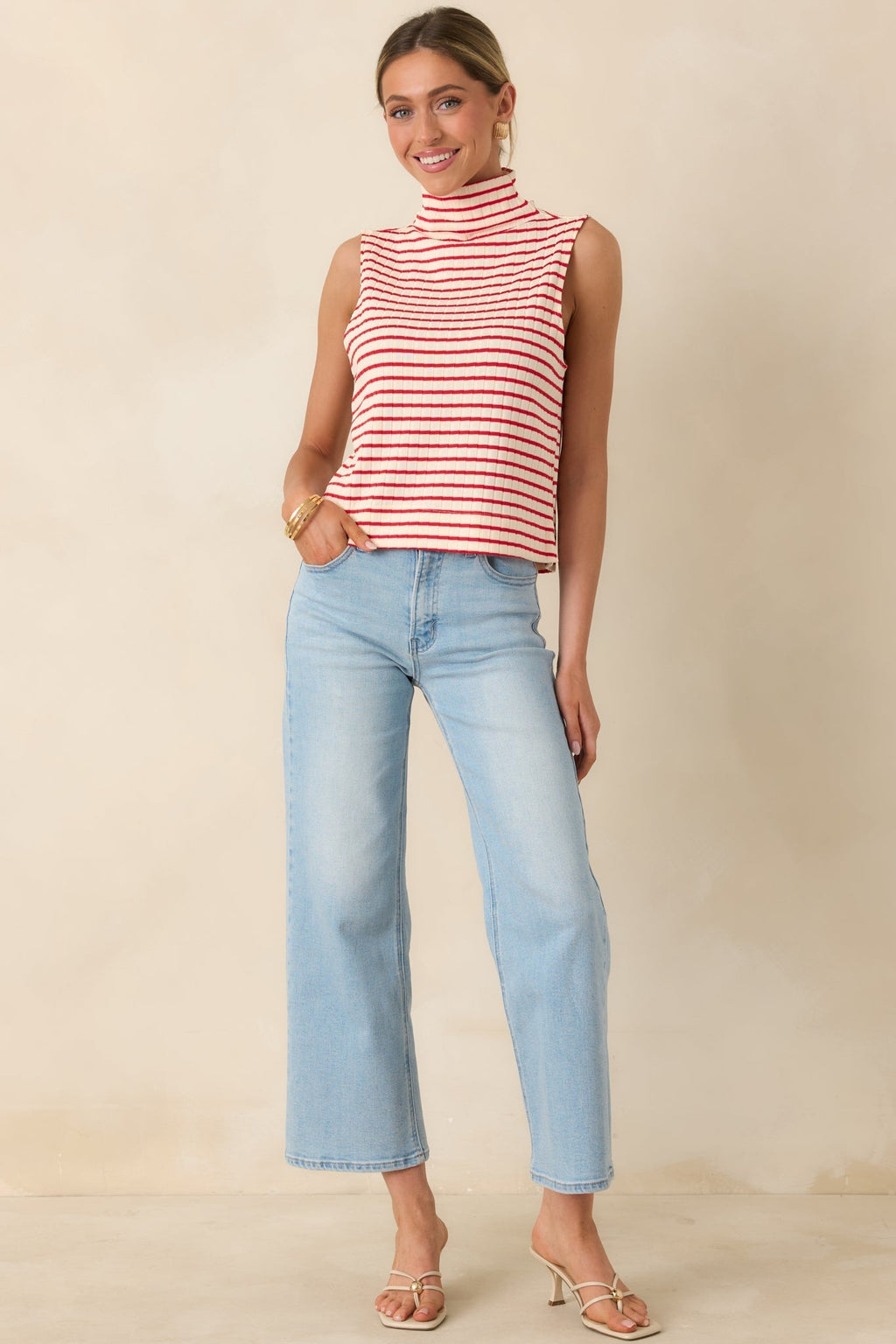 Women's Keep It In Line Red Stripe Mockneck Sleeveless Top | 95% Polyester & 5% Spandex 2