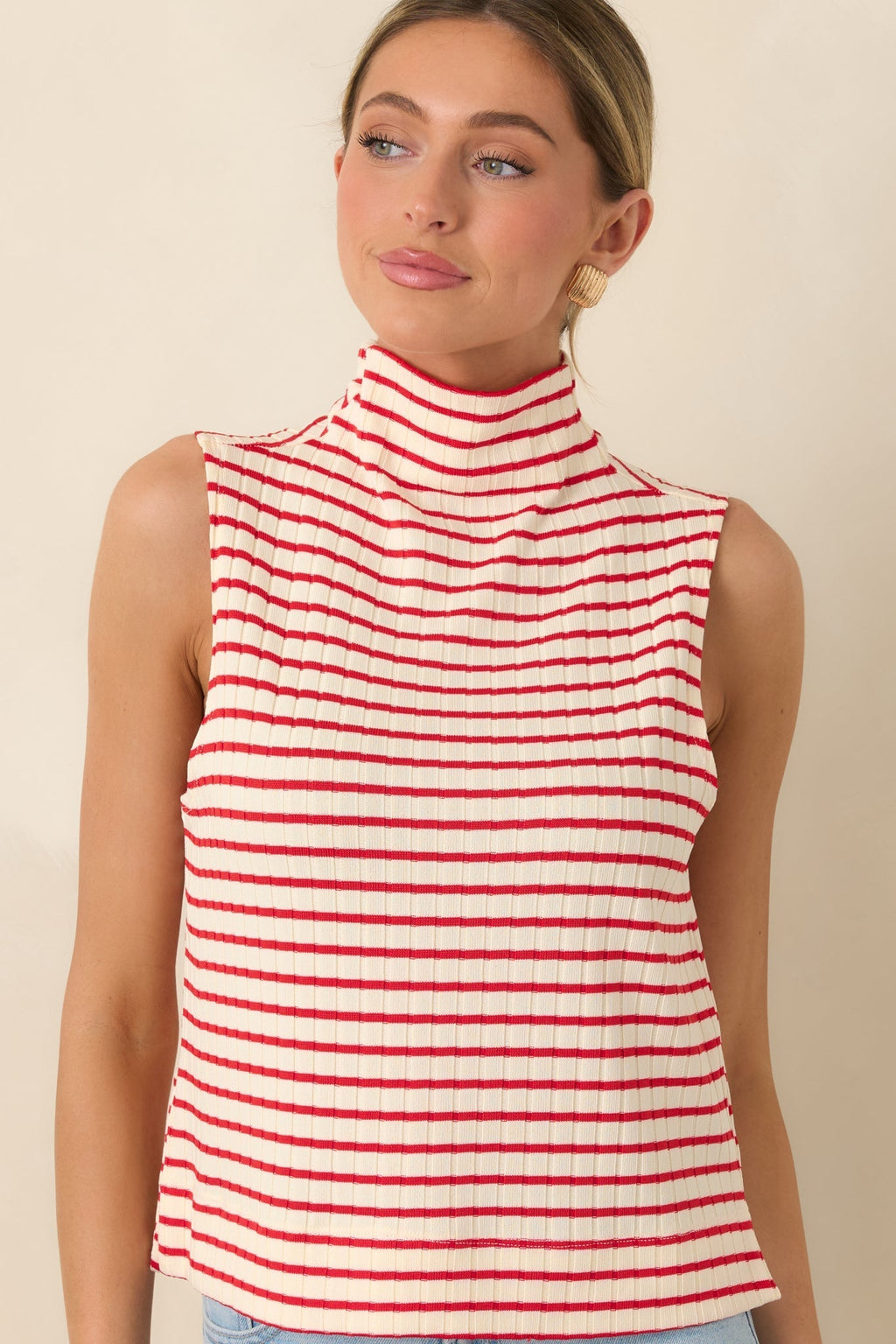 Women's Keep It In Line Red Stripe Mockneck Sleeveless Top | 95% Polyester & 5% Spandex 3