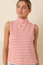 Women's Keep It In Line Red Stripe Mockneck Sleeveless Top | 95% Polyester & 5% Spandex 3