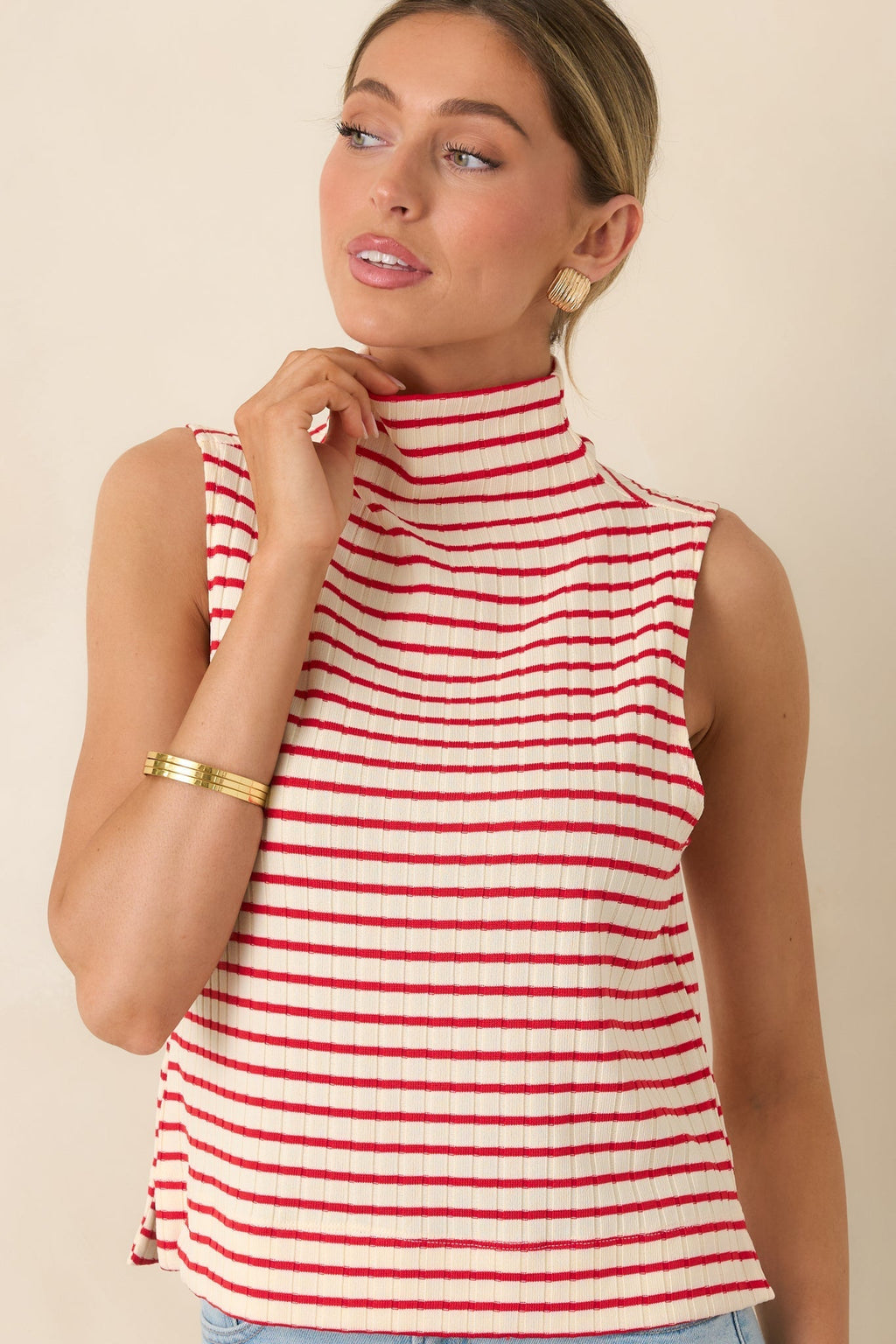Women's Keep It In Line Red Stripe Mockneck Sleeveless Top | 95% Polyester & 5% Spandex 4