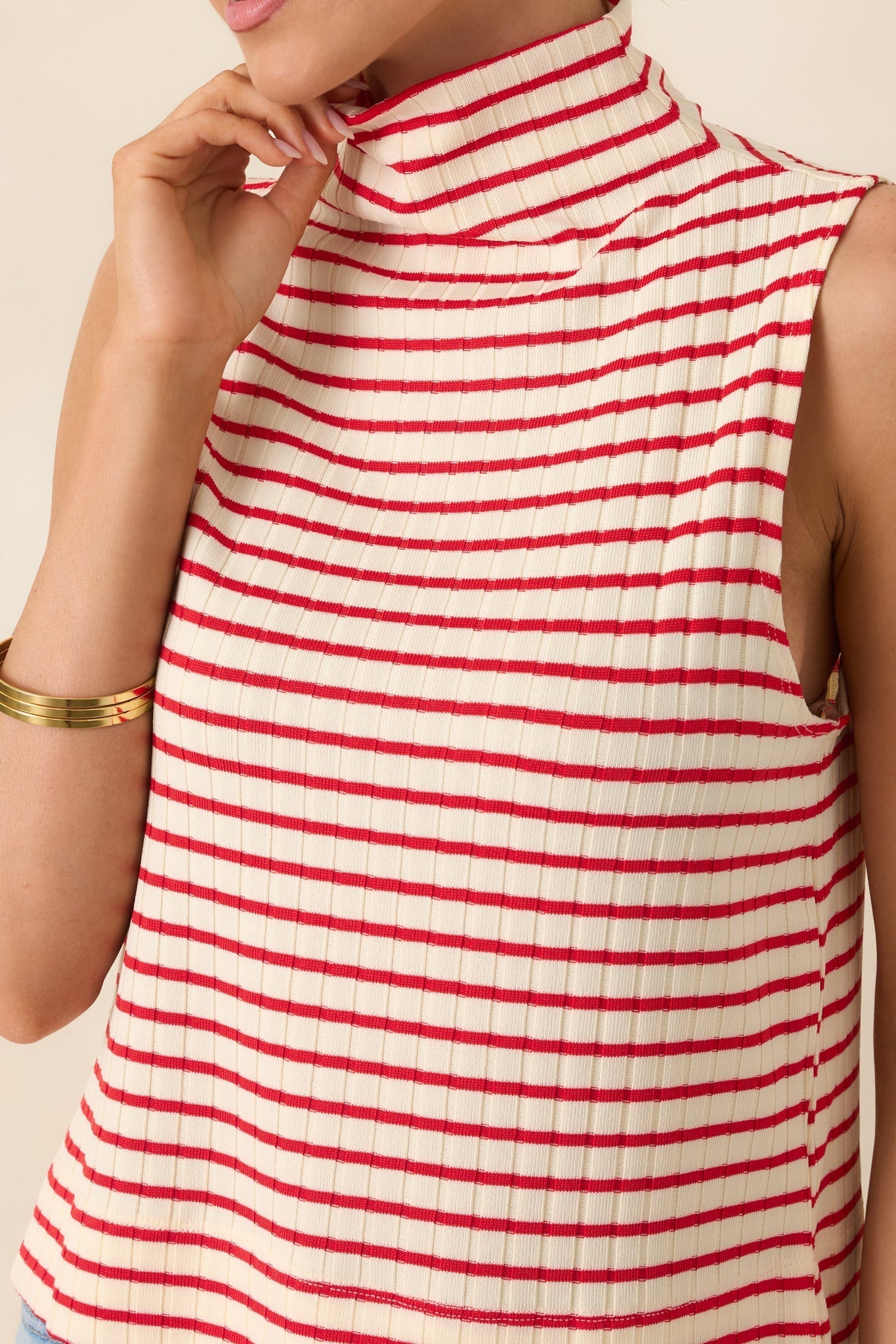 Women's Keep It In Line Red Stripe Mockneck Sleeveless Top | 95% Polyester & 5% Spandex 5