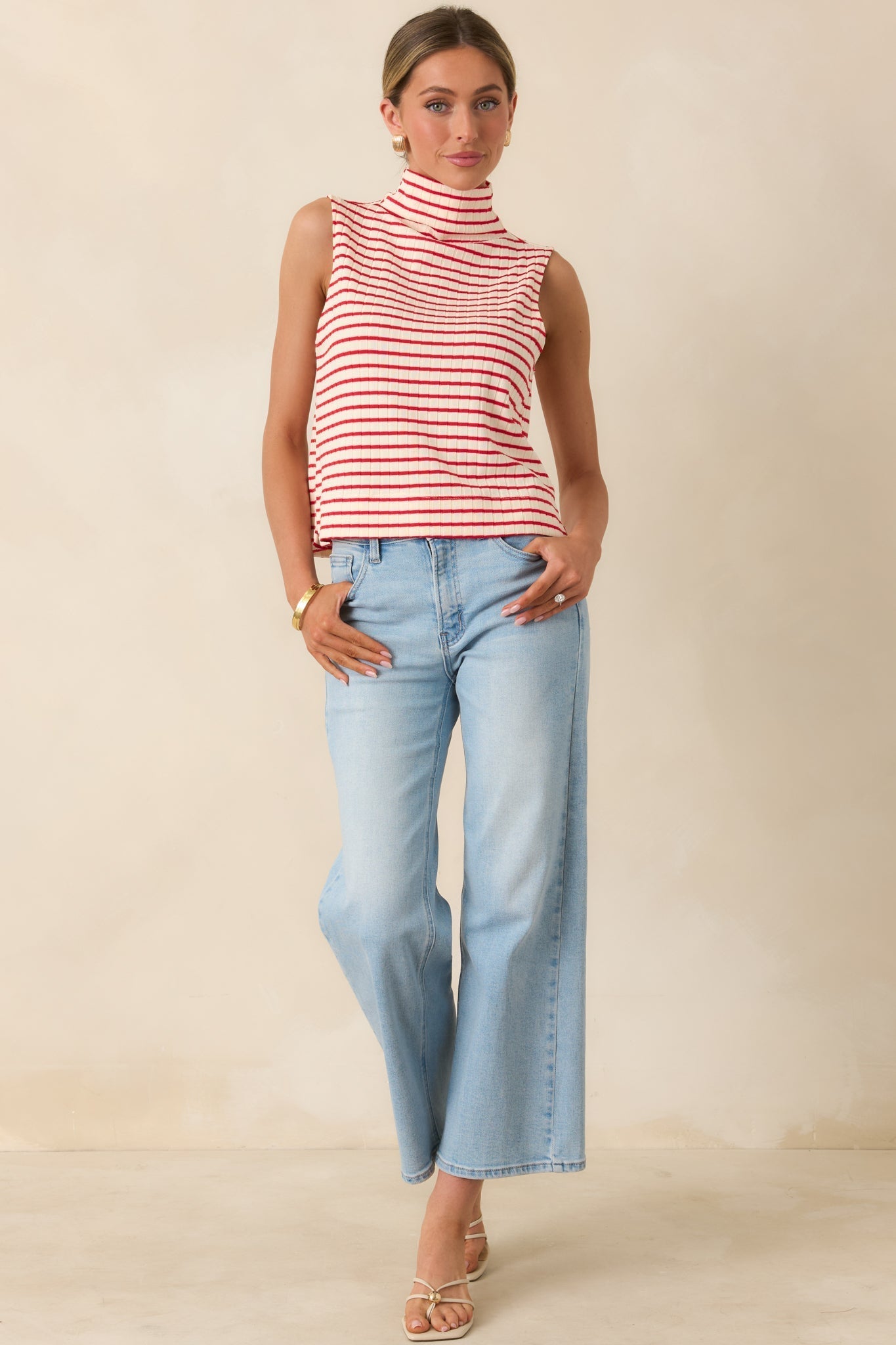 Women's Keep It In Line Red Stripe Mockneck Sleeveless Top | 95% Polyester & 5% Spandex 6