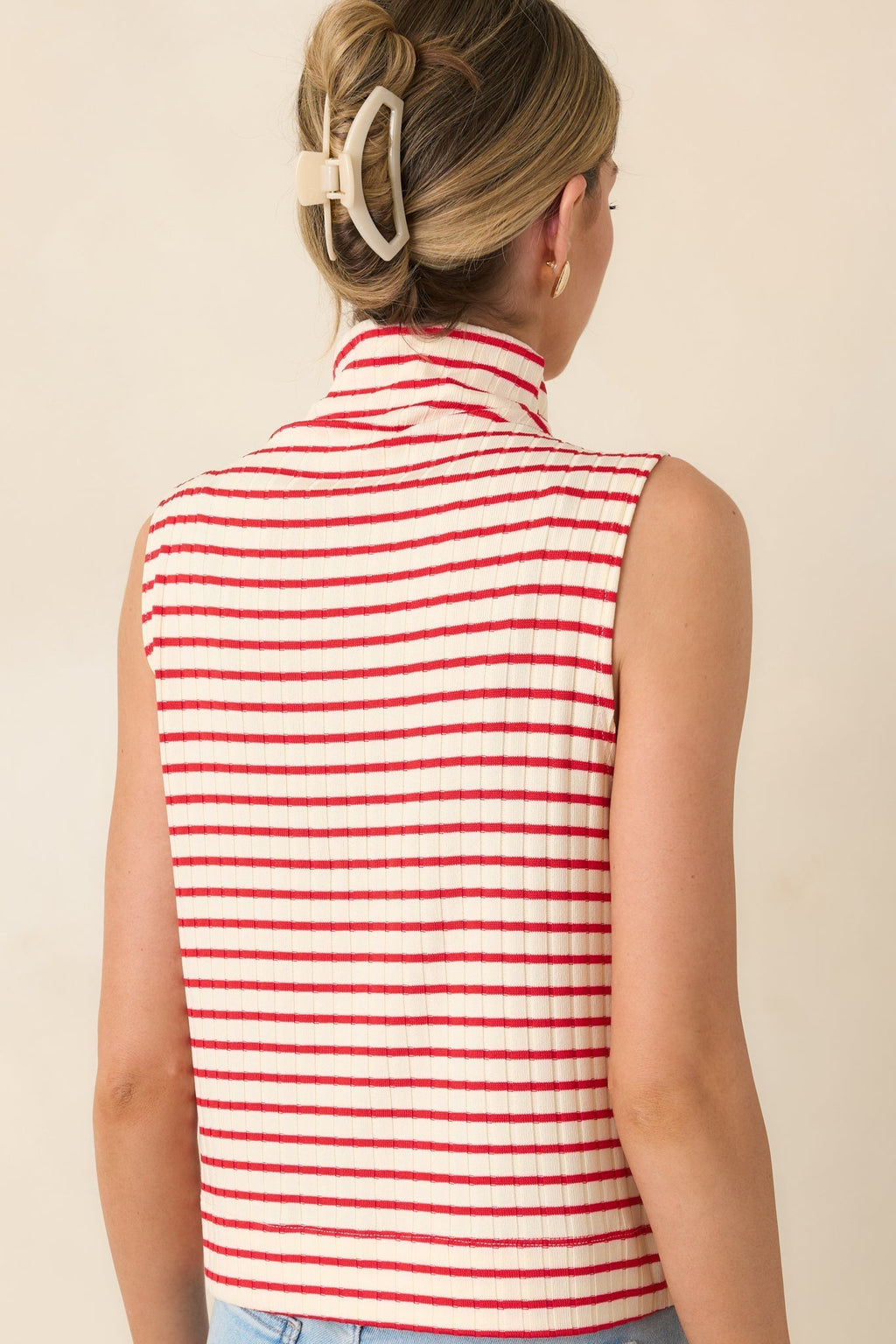 Women's Keep It In Line Red Stripe Mockneck Sleeveless Top | 95% Polyester & 5% Spandex 7