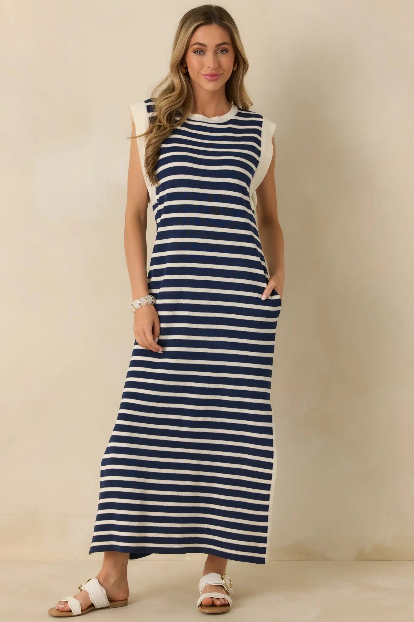 Women's Keep It Straight Navy Stripe Stretch Knit Maxi Dress | 100% Polyester 2