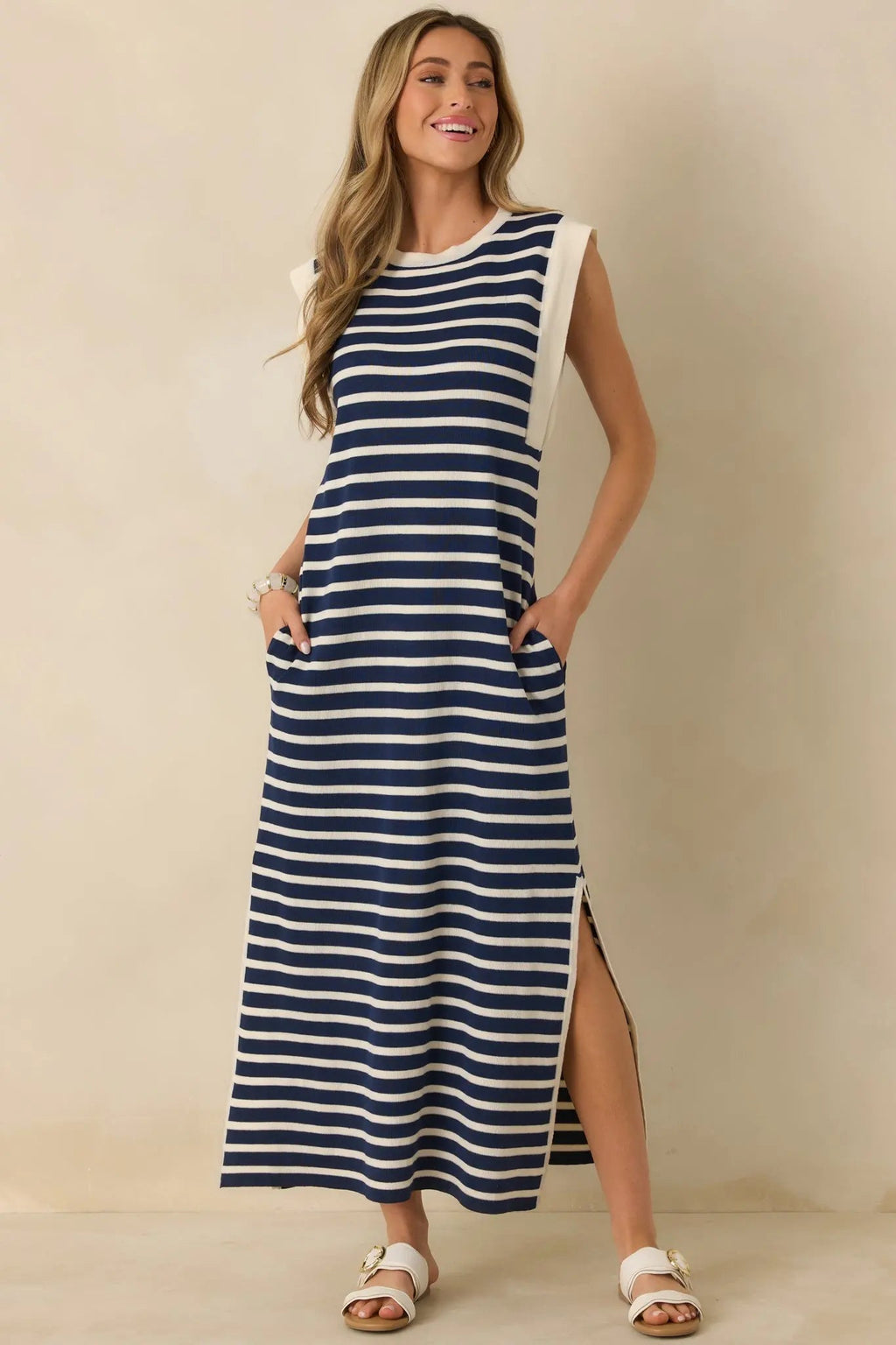 Women's Keep It Straight Navy Stripe Stretch Knit Maxi Dress | 100% Polyester 5