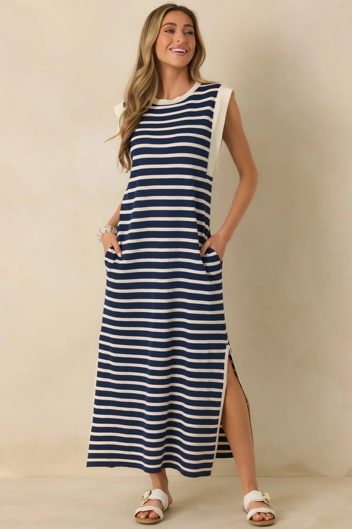 Women's Keep It Straight Navy Stripe Stretch Knit Maxi Dress | 100% Polyester 5