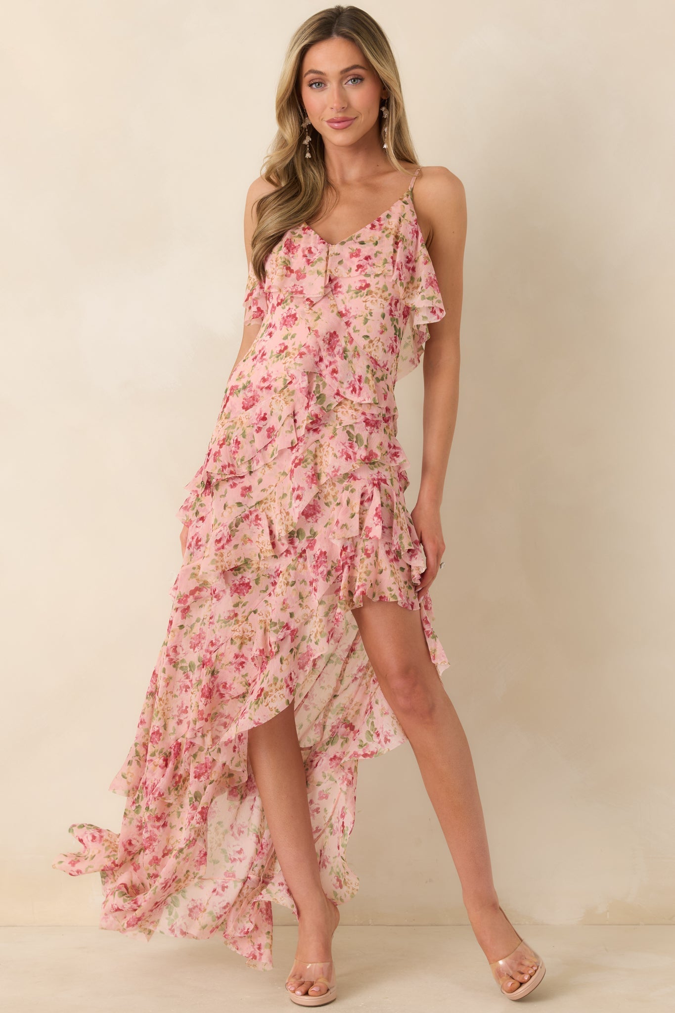 Women's Keep Me Twirling Blush Pink Multi Floral Ruffle Asymmetrical Maxi Dress | 100% Polyester 0