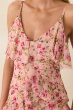 Women's Keep Me Twirling Blush Pink Multi Floral Ruffle Asymmetrical Maxi Dress | 100% Polyester 1
